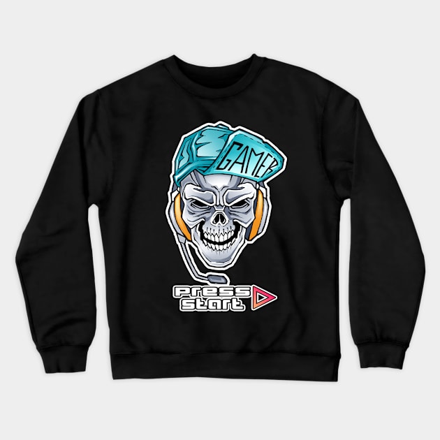 Skull Gamer Press Start Mode Crewneck Sweatshirt by dnlribeiro88